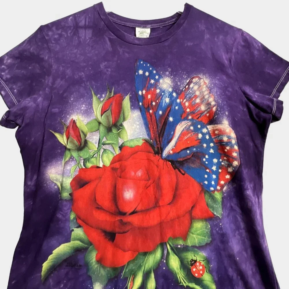 The Mountain Tie Dye T Shirt Rose Butterfly Ladybug Purple Womens XL - Picture 2 of 8